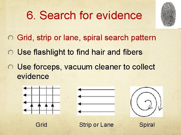 6. Search for evidence Grid, strip or lane, spiral search pattern Use flashlight to