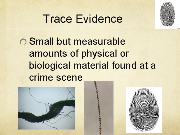 Trace Evidence Small but measurable amounts of physical or biological material found at a