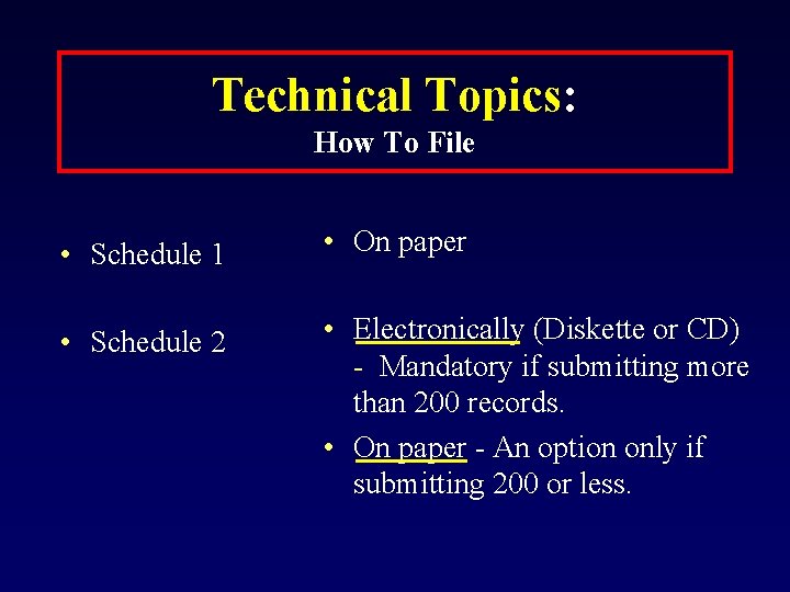 Technical Topics: How To File • Schedule 1 • On paper • Schedule 2