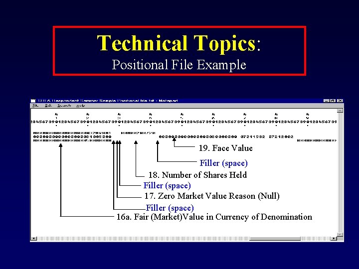 Technical Topics: Positional File Example 19. Face Value Filler (space) 18. Number of Shares
