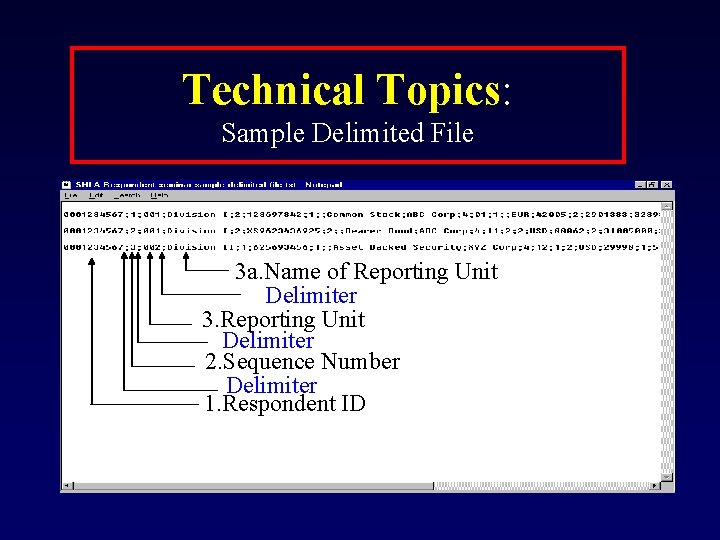 Technical Topics: Sample Delimited File 3 a. Name of Reporting Unit Delimiter 3. Reporting