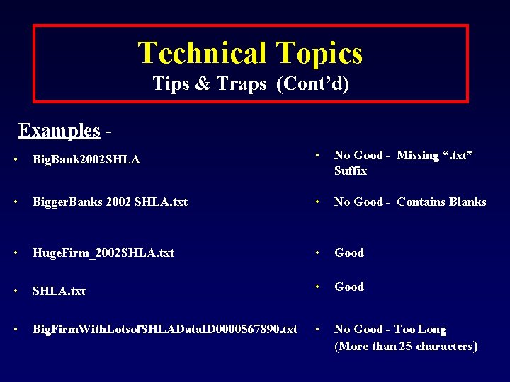 Technical Topics Tips & Traps (Cont’d) Examples • Big. Bank 2002 SHLA • No