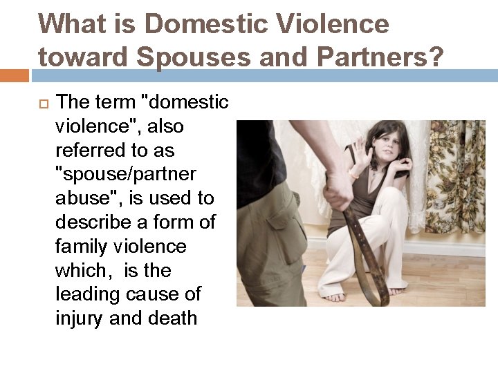 What is Domestic Violence toward Spouses and Partners? The term "domestic violence", also referred
