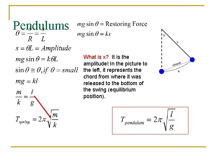 Pendulums What is x? It is the amplitude! In the picture to the left,