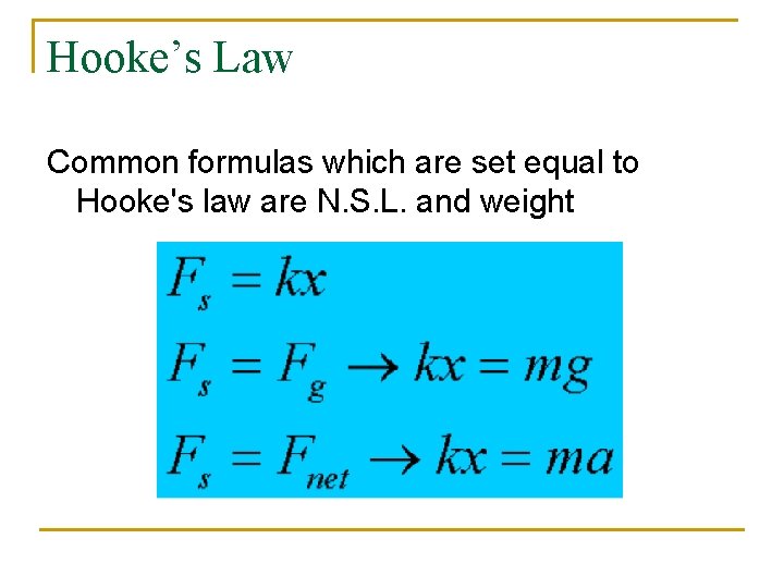 Hooke’s Law Common formulas which are set equal to Hooke's law are N. S.