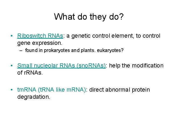 What do they do? • Riboswitch RNAs: a genetic control element, to control gene