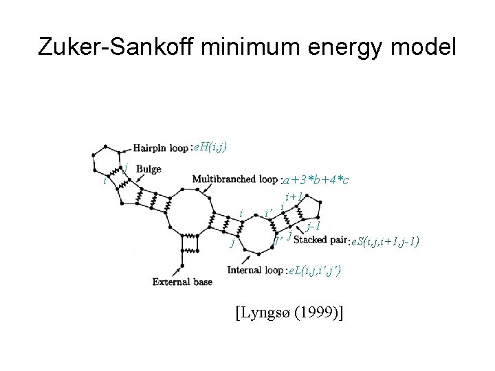 Zuker-Sankoff minimum energy model : e. H(i, j) i j : a+3*b+4*c i j