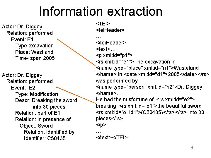 Information extraction Actor: Dr. Diggey Relation: performed Event: E 1 Type excavation Place: Wastland