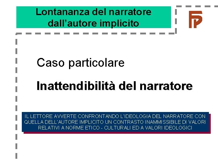 Lontananza del narratore dall’autore implicito Caso particolare Inattendibilità del narratore IL LETTORE AVVERTE CONFRONTANDO Lontananza del narratore dall’autore implicito Caso particolare Inattendibilità del narratore IL LETTORE AVVERTE CONFRONTANDO