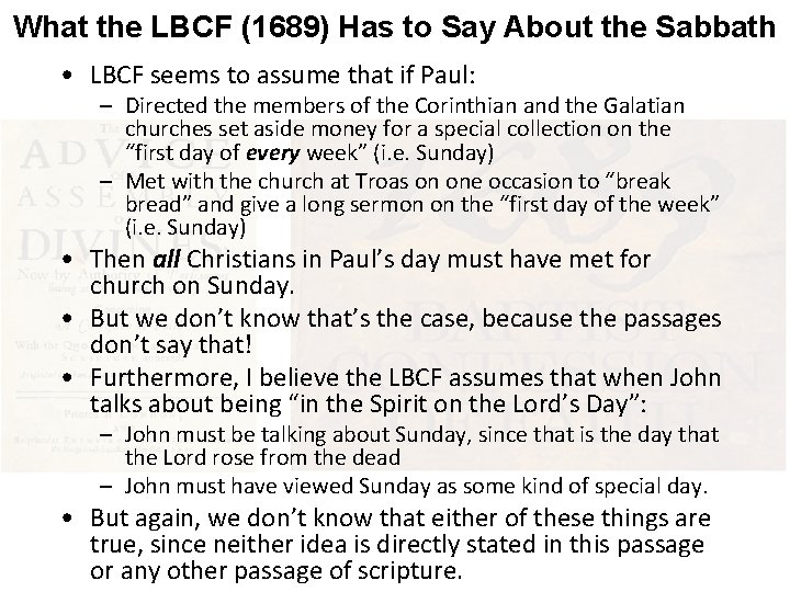 What the LBCF (1689) Has to Say About the Sabbath • LBCF seems to