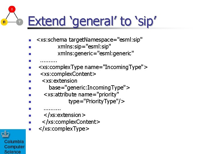 Extend ‘general’ to ‘sip’ n n n n <xs: schema target. Namespace="esml: sip" xmlns: