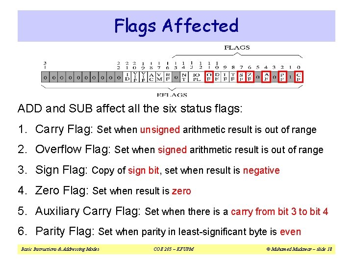 Flags Affected ADD and SUB affect all the six status flags: 1. Carry Flag: