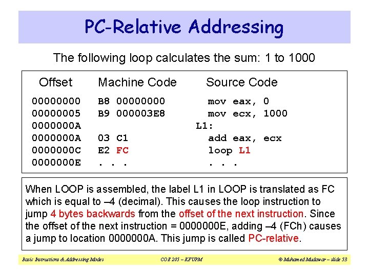 PC-Relative Addressing The following loop calculates the sum: 1 to 1000 Offset 00000005 0000000