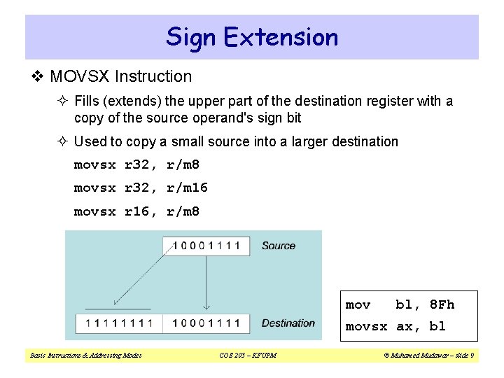 Sign Extension v MOVSX Instruction ² Fills (extends) the upper part of the destination