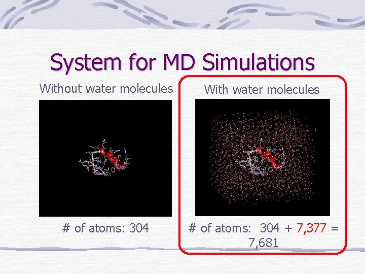System for MD Simulations Without water molecules With water molecules # of atoms: 304