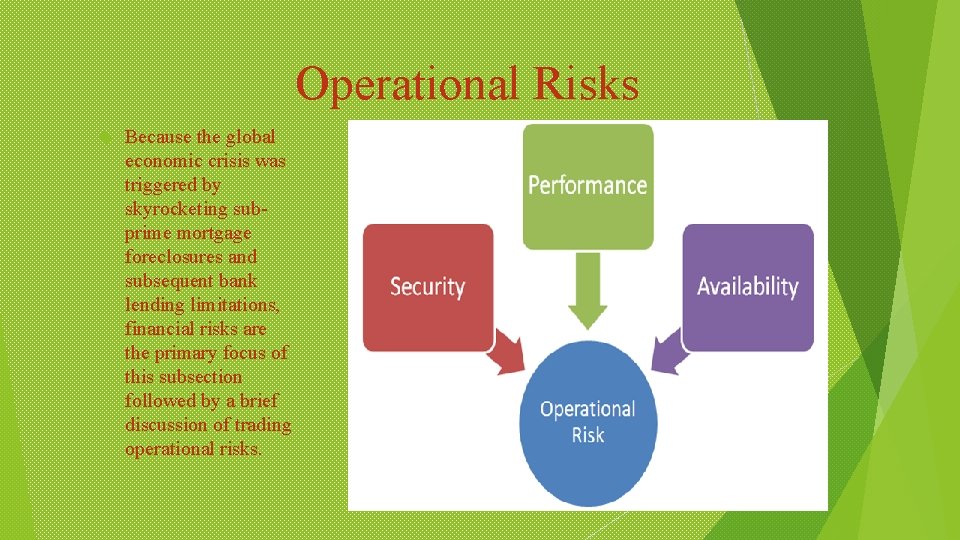 Operational Risks Because the global economic crisis was triggered by skyrocketing subprime mortgage foreclosures