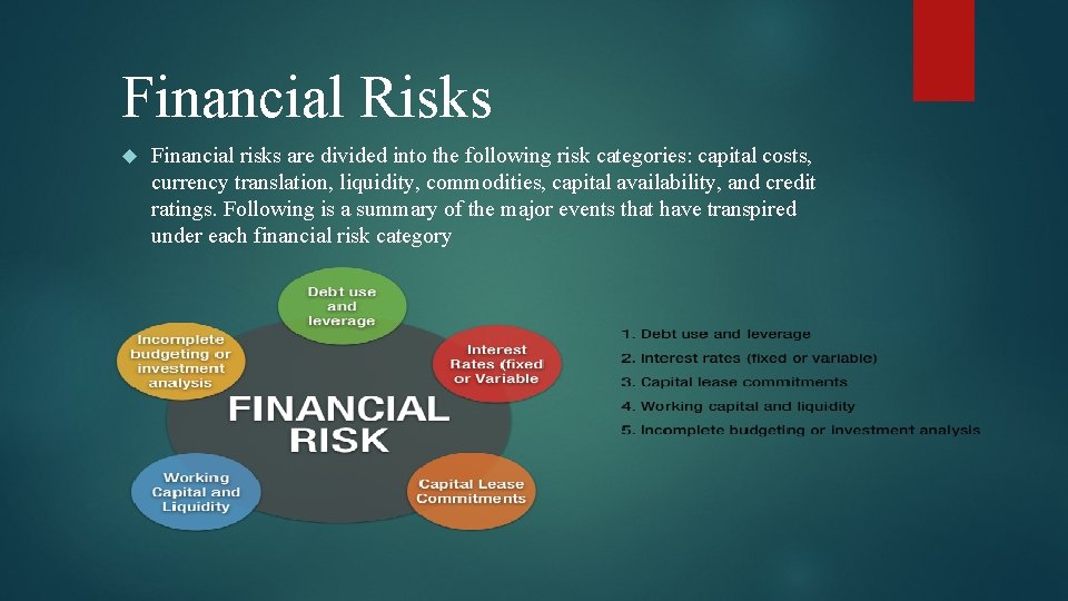 Financial Risks Financial risks are divided into the following risk categories: capital costs, currency