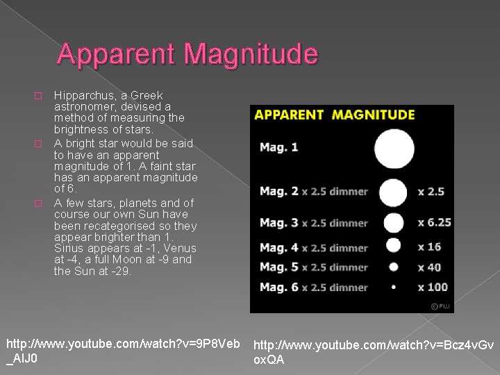 Apparent Magnitude Hipparchus, a Greek astronomer, devised a method of measuring the brightness of