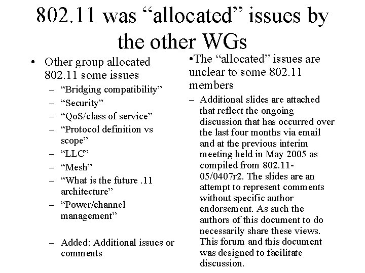802. 11 was “allocated” issues by the other WGs • Other group allocated 802.