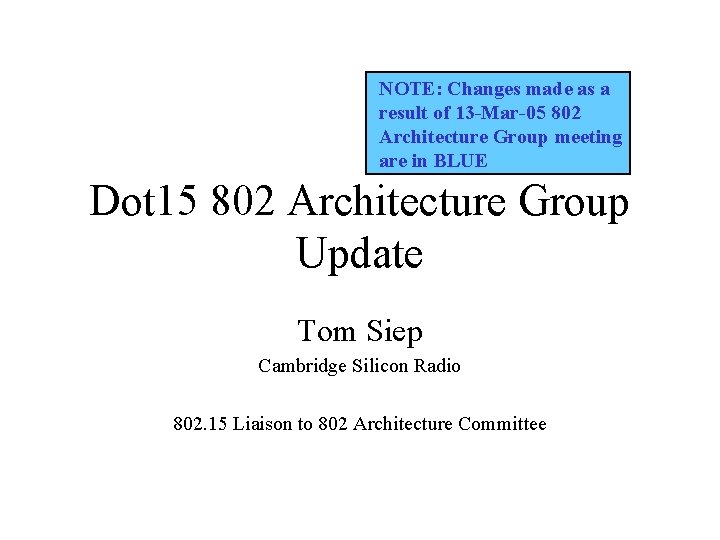 NOTE: Changes made as a result of 13 -Mar-05 802 Architecture Group meeting are