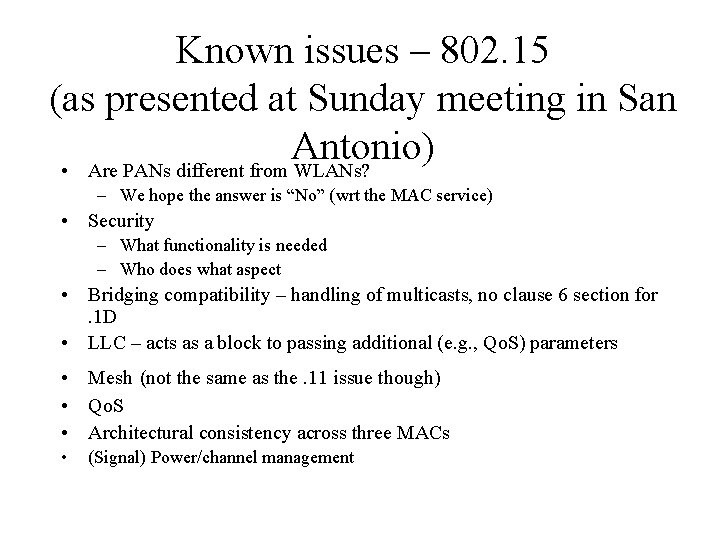 Known issues – 802. 15 (as presented at Sunday meeting in San Antonio) •