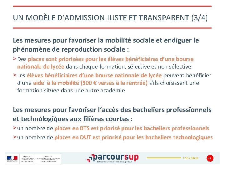 UN MODÈLE D’ADMISSION JUSTE ET TRANSPARENT (3/4) Les mesures pour favoriser la mobilité sociale