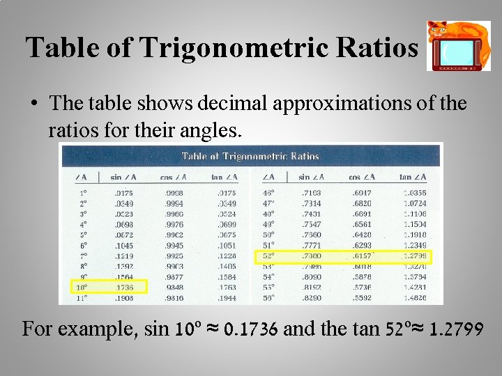 Table of Trigonometric Ratios • The table shows decimal approximations of the ratios for