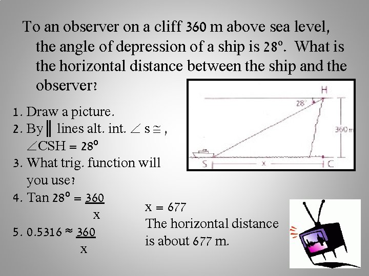 To an observer on a cliff 360 m above sea level, the angle of