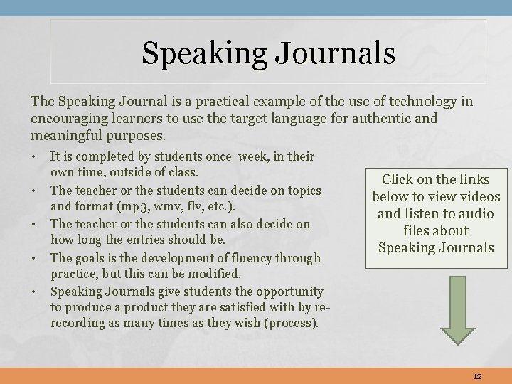 Speaking Journals The Speaking Journal is a practical example of the use of technology