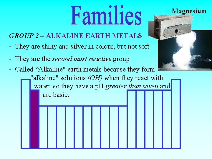 Magnesium GROUP 2 – ALKALINE EARTH METALS - They are shiny and silver in