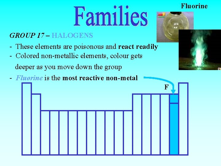 Fluorine GROUP 17 – HALOGENS - These elements are poisonous and react readily -