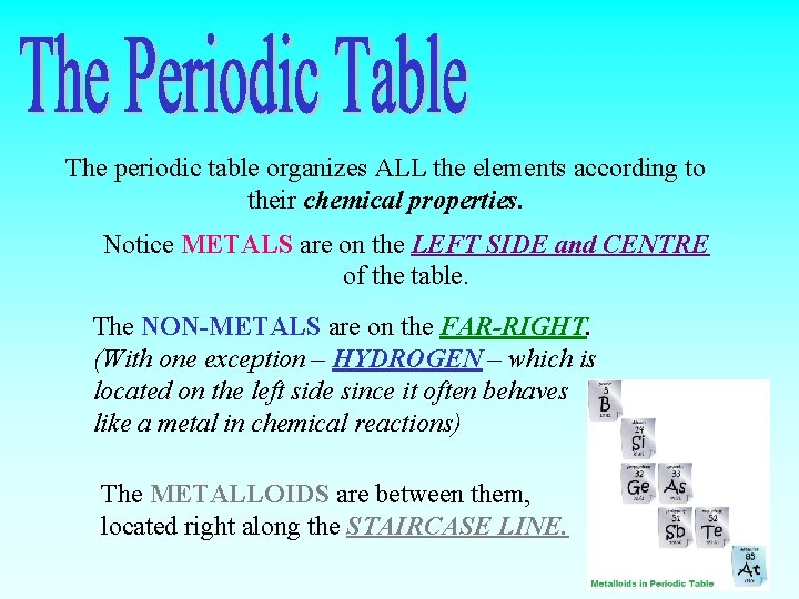 The periodic table organizes ALL the elements according to their chemical properties. Notice METALS