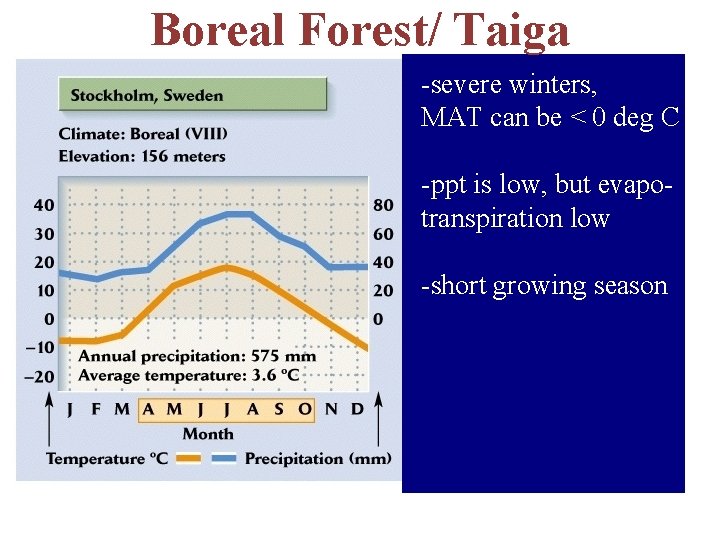 Boreal Forest/ Taiga -severe winters, MAT can be < 0 deg C -ppt is
