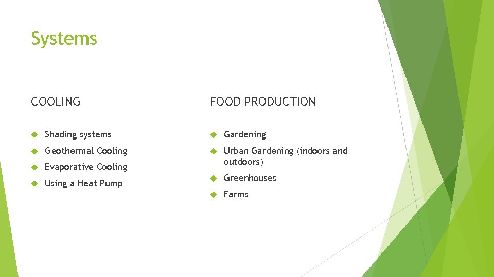 Systems COOLING FOOD PRODUCTION Shading systems Gardening Geothermal Cooling Evaporative Cooling Urban Gardening (indoors Systems COOLING FOOD PRODUCTION Shading systems Gardening Geothermal Cooling Evaporative Cooling Urban Gardening (indoors
