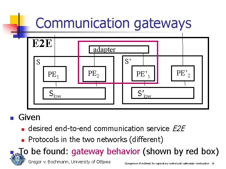 Communication gateways E 2 E adapter S’ S PE 1 PE 2 Slow n Communication gateways E 2 E adapter S’ S PE 1 PE 2 Slow n