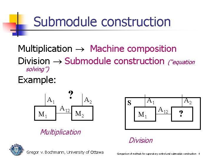 Submodule construction Multiplication Machine composition Division Submodule construction (“equation solving”) Example: A 1 M Submodule construction Multiplication Machine composition Division Submodule construction (“equation solving”) Example: A 1 M