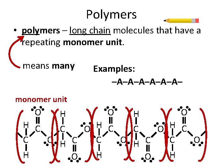 Polymers • polymers – long chain molecules that have a repeating monomer unit. means