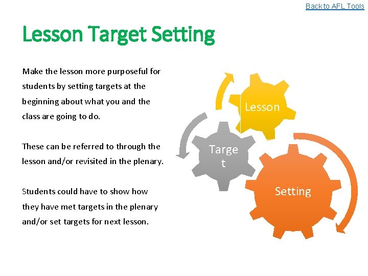 Back to AFL Tools Lesson Target Setting Make the lesson more purposeful for students