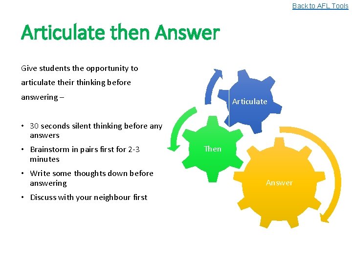 Back to AFL Tools Articulate then Answer Give students the opportunity to articulate their