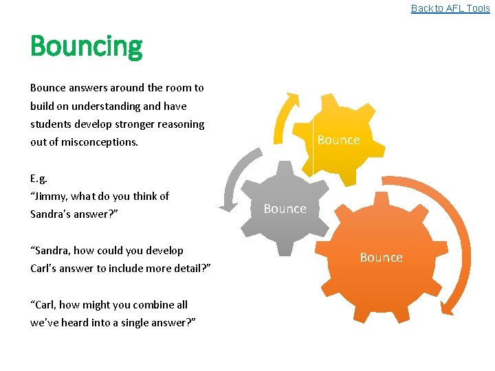Back to AFL Tools Bouncing Bounce answers around the room to build on understanding