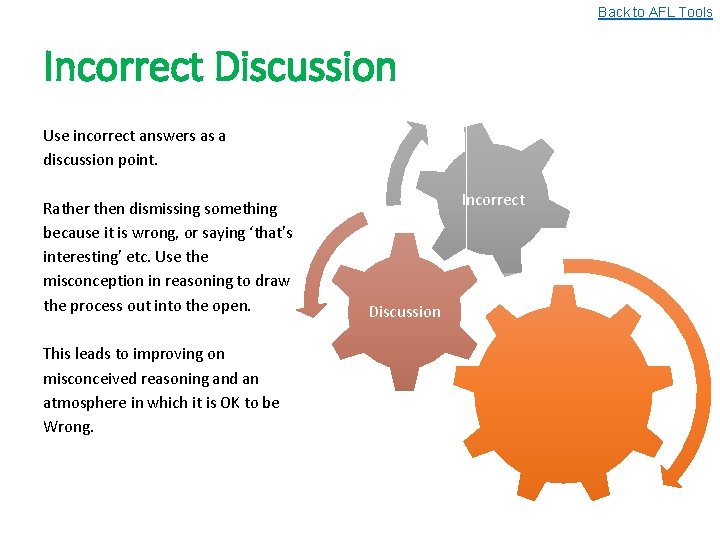 Back to AFL Tools Incorrect Discussion Use incorrect answers as a discussion point. Rather