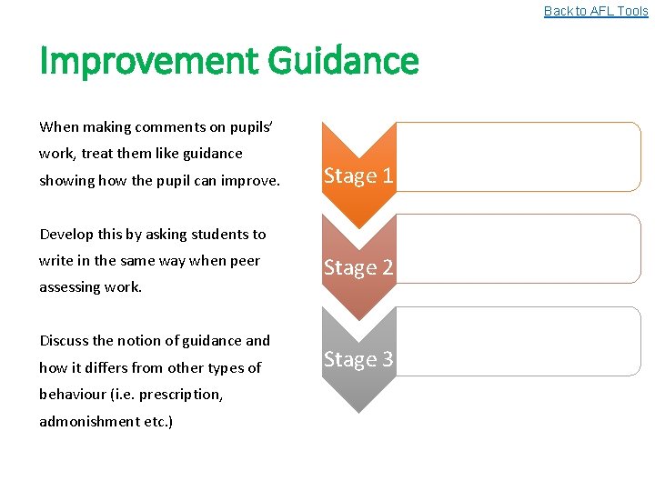 Back to AFL Tools Improvement Guidance When making comments on pupils’ work, treat them