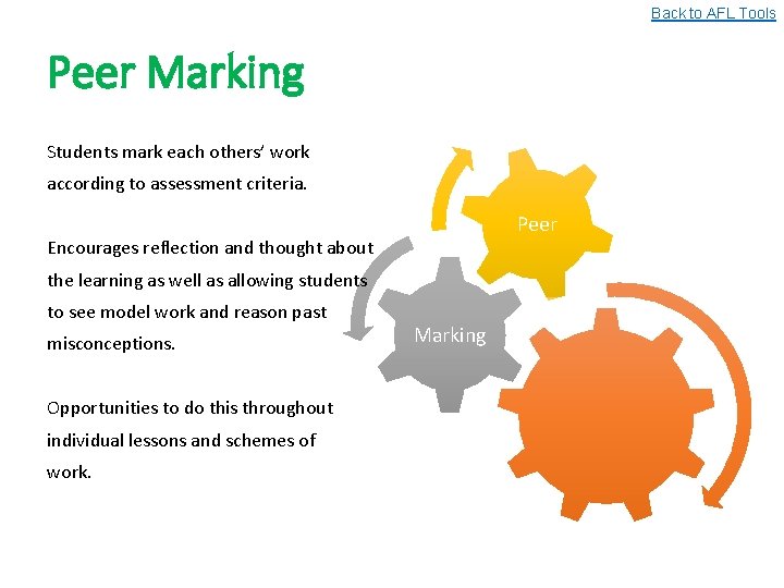 Back to AFL Tools Peer Marking Students mark each others’ work according to assessment