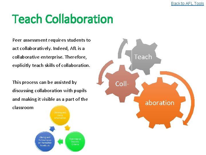 Back to AFL Tools Teach Collaboration Peer assessment requires students to act collaboratively. Indeed,