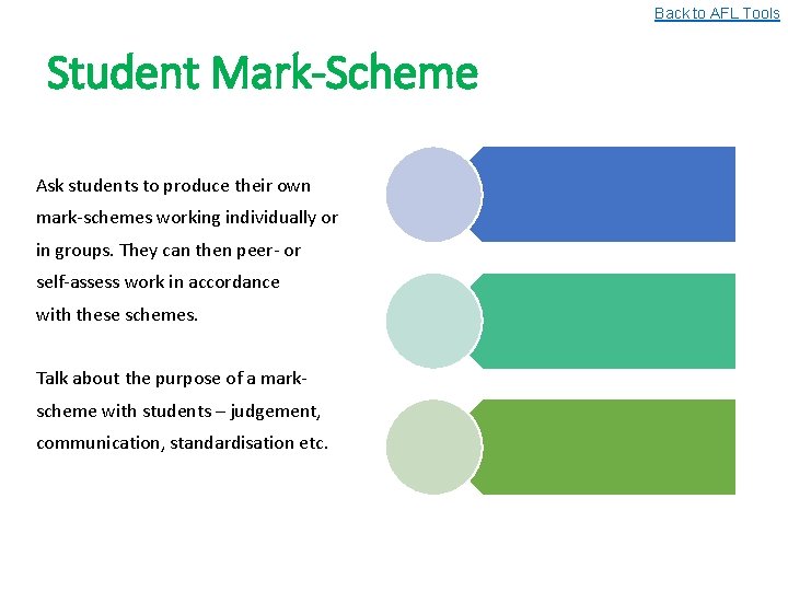 Back to AFL Tools Student Mark-Scheme Ask students to produce their own mark-schemes working