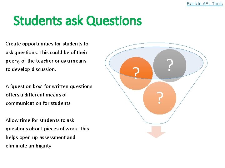 Back to AFL Tools Students ask Questions Create opportunities for students to ask questions.