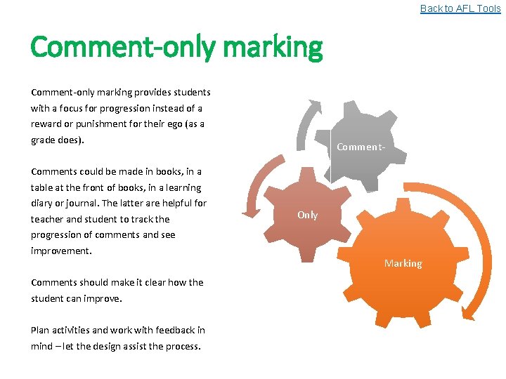 Back to AFL Tools Comment-only marking provides students with a focus for progression instead