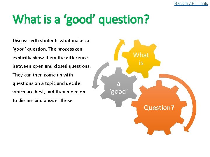 Back to AFL Tools What is a ‘good’ question? Discuss with students what makes