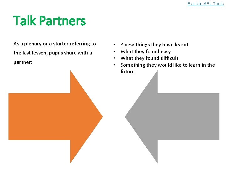 Back to AFL Tools Talk Partners As a plenary or a starter referring to