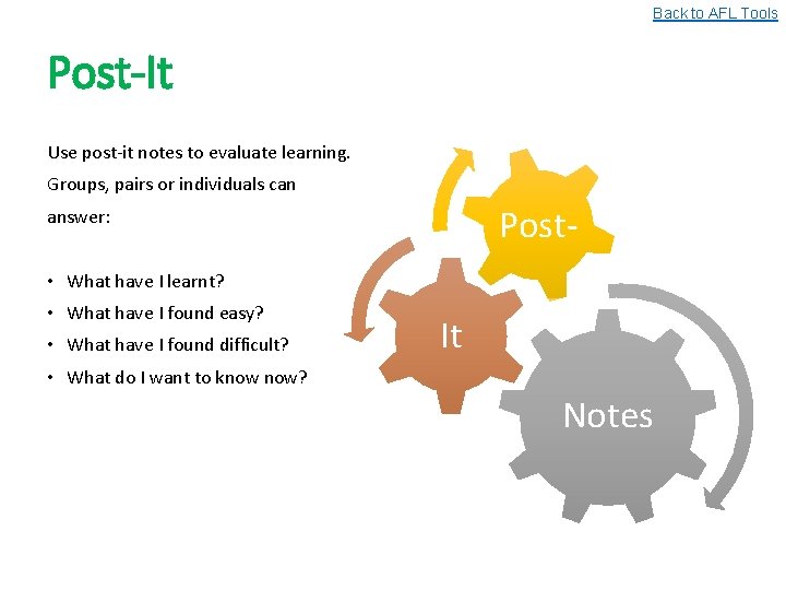 Back to AFL Tools Post-It Use post-it notes to evaluate learning. Groups, pairs or